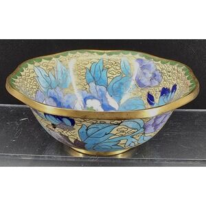 Vtg Chinese Cloisonne 5" Bowl Flowers Blue Gold Green Purple Butterfly Peonies